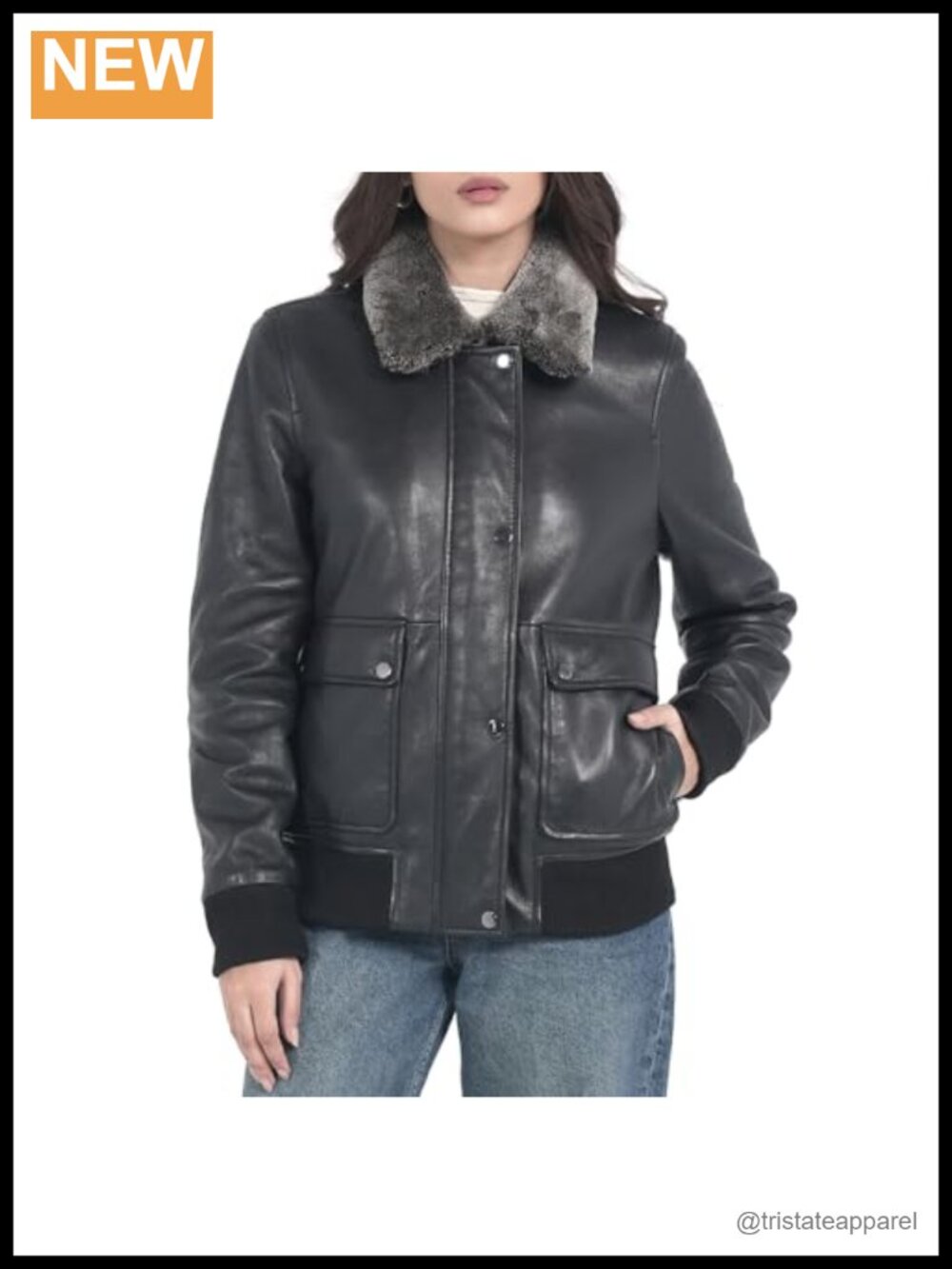 Genuine Lambskin Leather Bomber Jacket Detachable Faux Fur Collar